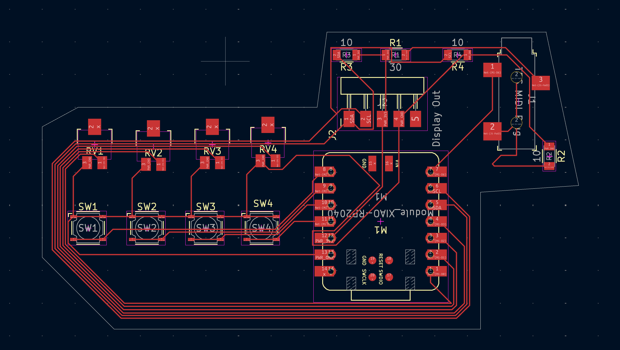 KiCad PCB layout for the MIDI controller — XIAO module and OLED screen positioned on the right, buttons and potentiometers on the left